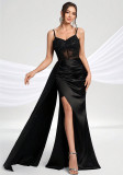 Women's Sexy Strap Sheer Mesh Patchwork Satin Slit Evening Gown