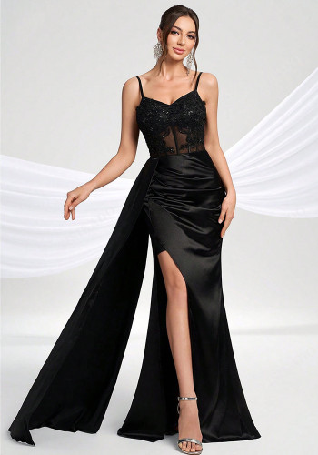 Women's Sexy Strap Sheer Mesh Patchwork Satin Slit Evening Gown