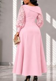 Plus Size Women's Lace Patchwork Long Sleeve Turn-Down Collar Slim Waist A-Line Midi Dress