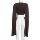 Fall Women's Chic Off Shoulder Ruched Patchwork Long Sleeve Cropped Top with Shawl