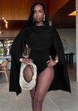 Spring Women's Solid Color Cowl Neck High Waist Bodysuit with Flowing Sash
