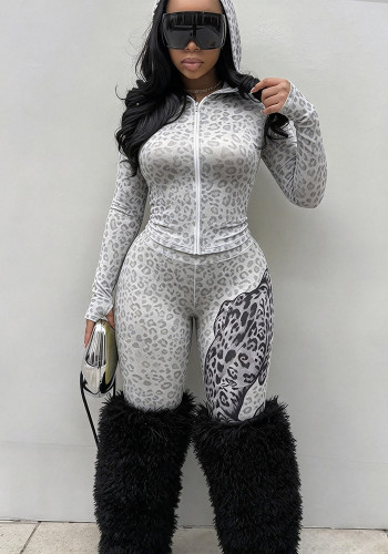 Fall Winter Women's Streetwear Leopard Print Hooded Slim Fit Top and Flared Animal Print Pants Set
