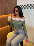 Fall Winter Women's Off Shoulder Lace Trim Striped Waffle Knit Slim Fit Cropped Basic Top