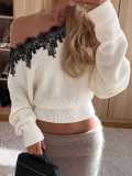 Fall Winter Women's Lace Patchwork Slash Shoulder Batwing Sleeves Loose Knit Sweater
