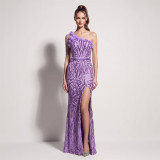 Sequin Beaded Floral One Shoulder Tassel Chain High Slit Mermaid Evening Gown