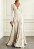 Women's Chic V Neck Printed Velvet Long Sleeve Slim Waist Evening Maxi Dress