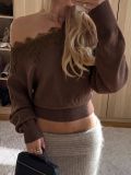 Fall Winter Women's Lace Patchwork Slash Shoulder Batwing Sleeves Loose Knit Sweater