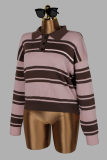 Women's Streetwear Casual Colorblock Striped Turndown Collar Loose Long Sleeve Knit Sweater