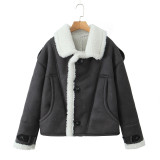 Women's Streetwear Turn-Down Collar Loose Suede Sherpa-Lined Jacket