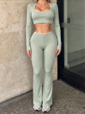 Women's Square Neck Long Sleeve Cropped Top and Flared Pants Ribbed Two-Piece Set