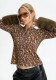 Fall Winter Women's Leopard Print Button Detail Patchwork Faux Fur Long Sleeve Slim Fit Top