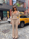Women's Striped Two-Piece Set U Neck Low Cut Long Sleeve Slim Waist Top and Slim Fit Flared Pants