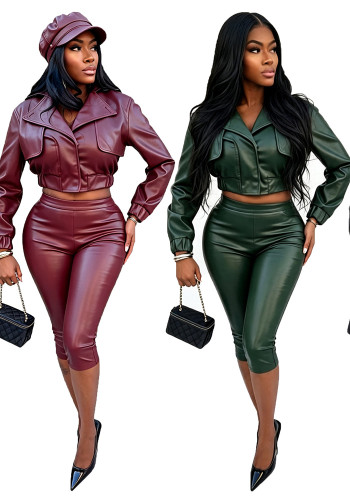 Fall Winter Women's Turn-Down Collar PU Leather Jacket and Capri Pants Set