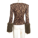 Fall Winter Women's Leopard Print Button Detail Patchwork Faux Fur Long Sleeve Slim Fit Top