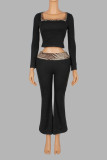 Women's Casual Leopard Print Colorblock Square Neck Long Sleeve Top and High Waist Flared Pants Set