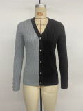 Fall Winter Women's Colorblock V Neck Long Sleeve Slim Fit Knit Cardigan