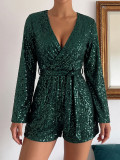 Fall Winter Women's Sequin V Neck Crisscross Flared Leg Jumpsuit for Parties