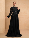 Women's Chic Floral Chiffon Long Sleeve Beaded Embroidered Maxi Dress