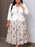 Plus Size Women's Fall Floral Blazer Chiffon Dress Two-Piece Set