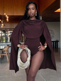 Spring Women's Solid Color Cowl Neck High Waist Bodysuit with Flowing Sash