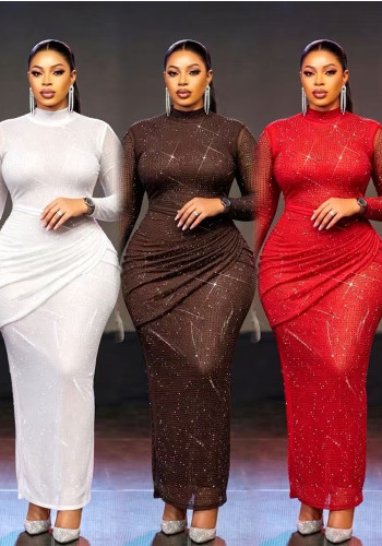 Women's Beaded Long Sleeve Ruched Mesh Formal Party Evening Gown