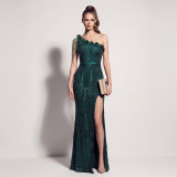 Sequin Beaded Floral One Shoulder Tassel Chain High Slit Mermaid Evening Gown