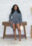 Fall Winter Women's Solid Color Round Neck Crisscross Knitted Top and Shorts Set with Slouch Sleeves