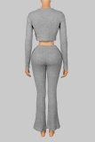 Fall Winter Women's Casual Ribbed Round Neck Cropped Top and High Waist Slim Fit Pants Set
