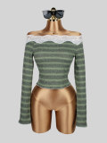 Fall Winter Women's Off Shoulder Lace Trim Striped Waffle Knit Slim Fit Cropped Basic Top