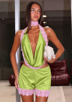 Women's Sexy Lace Trim Colorblock Cowl Neck Deep V Halter Neck Low Back Loose Casual Shorts Two-Piece Holiday Set Women's Sexy Lace Trim Colorblock Cowl Neck Deep V Halter Neck Low Back Loose Casual Shorts Two-Piece Holiday Set