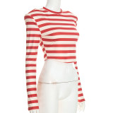 Fall Women's Striped Padded Shoulder Long Sleeve Slim Waist Slim Fit Cropped Top