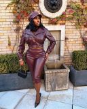 Fall Winter Women's Turn-Down Collar PU Leather Jacket and Capri Pants Set