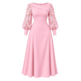 Plus Size Women's Lace Patchwork Long Sleeve Turn-Down Collar Slim Waist A-Line Midi Dress