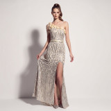 Sequin Beaded Floral One Shoulder Tassel Chain High Slit Mermaid Evening Gown
