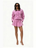 Women's Fashionable Colorblock Turn-Down Collar Button Pocket Long Sleeve Top and Cargo Mini Skirt Set
