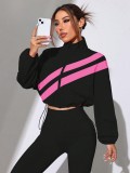 Fall Winter Women's Colorblock Diagonal Striped Stand Collar Cropped Sun Protection Jacket