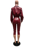 Fall Winter Women's Turn-Down Collar PU Leather Jacket and Capri Pants Set