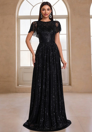 Women's Elegant Luxury Sequin Beaded Cape Evening Gown
