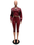Fall Winter Women's Turn-Down Collar PU Leather Jacket and Capri Pants Set