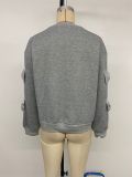 Fall Winter Women's Sweet Casual Gray Round Neck Top with Bow Patchwork Detail