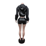 Women's Long Sleeve Hooded Leather Jacket and Stretch Shorts Set