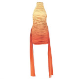 Women's Chic Gradient Color Ruched Round Neck Lace-Up Slim Waist Party Dress