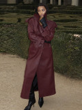 Spring Women's Long Textured Faux Leather Casual Trench Coat with Belt