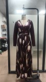 Women's Chic V Neck Printed Velvet Long Sleeve Slim Waist Evening Maxi Dress