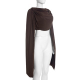 Fall Women's Chic Off Shoulder Ruched Patchwork Long Sleeve Cropped Top with Shawl