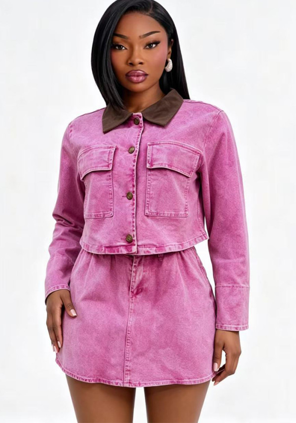 Women's Fashionable Colorblock Turn-Down Collar Button Pocket Long Sleeve Top and Cargo Mini Skirt Set