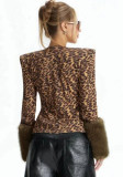 Fall Winter Women's Leopard Print Button Detail Patchwork Faux Fur Long Sleeve Slim Fit Top