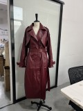 Spring Women's Long Textured Faux Leather Casual Trench Coat with Belt
