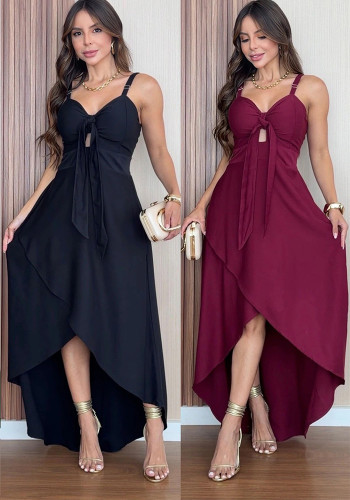 Elegant Slim Fit Strap Asymmetric Slit  Ruched Dress