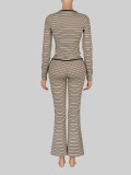 Women's Striped Two-Piece Set U Neck Low Cut Long Sleeve Slim Waist Top and Slim Fit Flared Pants